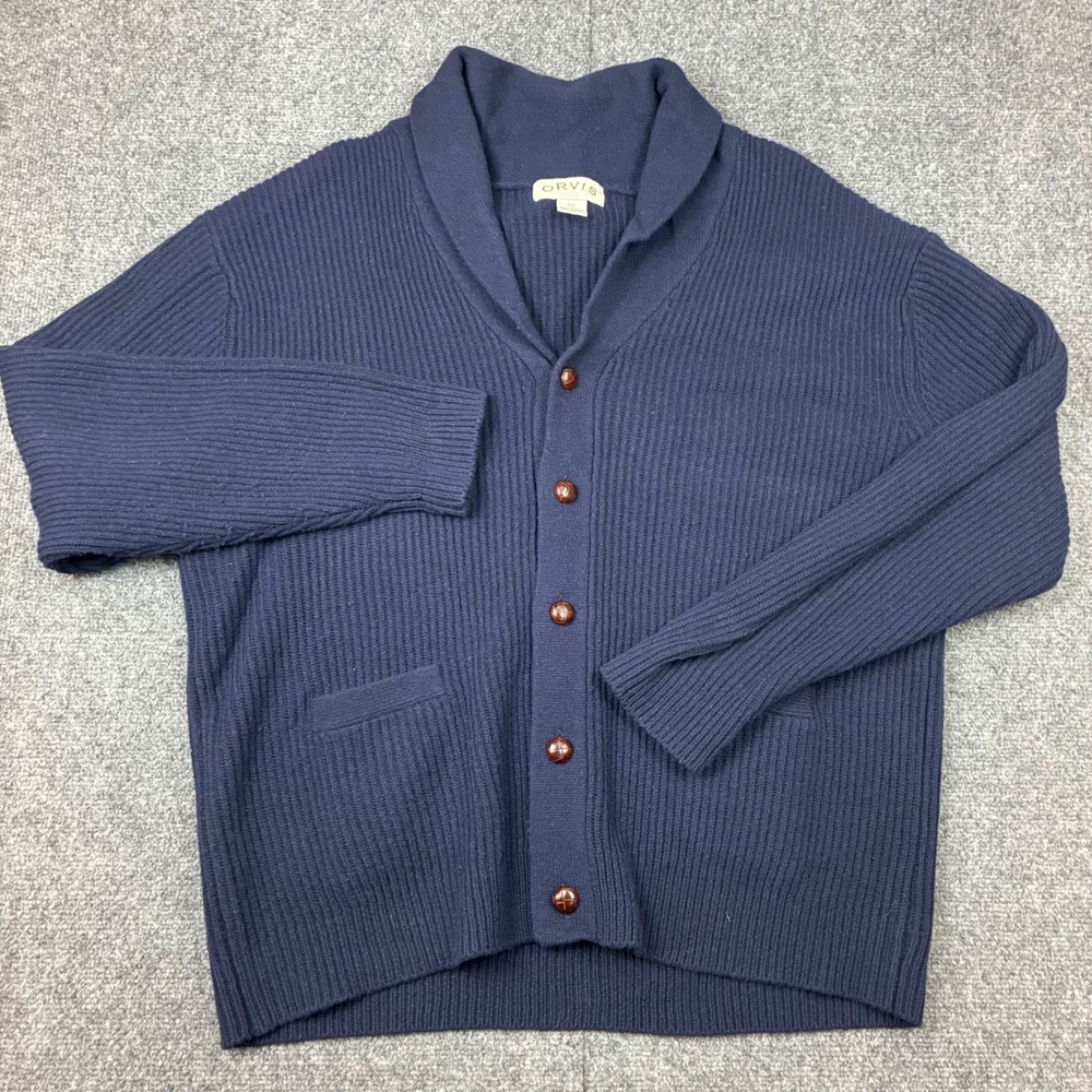 Vintage Orvis Mens Size 2XL Navy Blue Lambswool Cardigan Sweater Grandpa Preppy